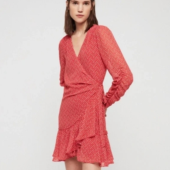 All Saints Red Heart Print Mini Wrap Dress Medium Long Ruched Sleeves - Picture 2 of 10